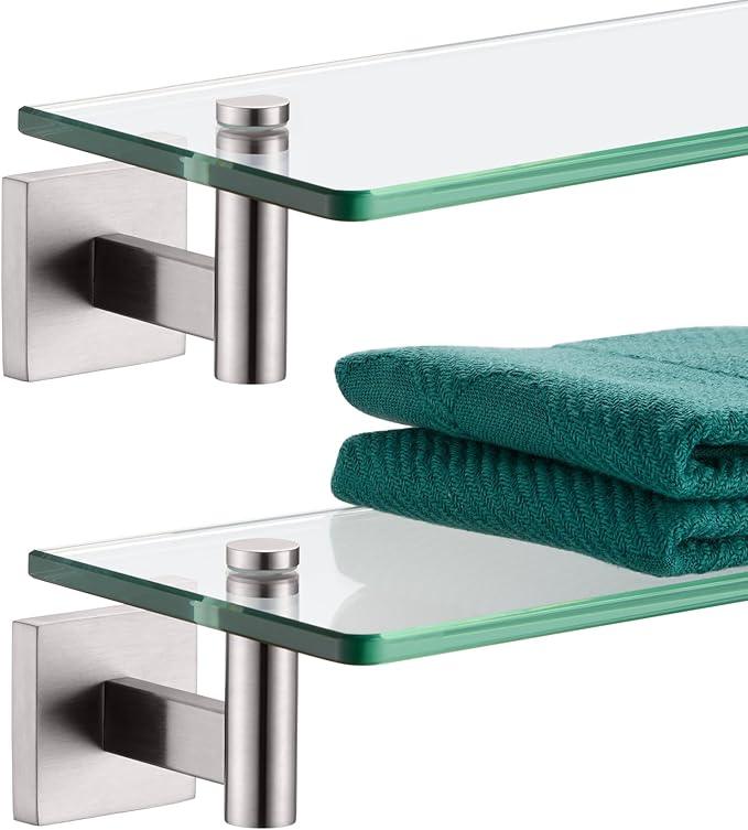 KOKOSIRI Floating Shelf Bathroom Wall Mount Shelves 16-Inch for Bedroom Living Room Kitchen Hanging Rack Brushed Stainless Steel 2 Pack B1105BR-L16-P2 - ModernBath