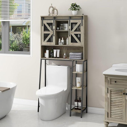 Vabches Over The Toilet Storage Cabinet, Farmhouse Storage Cabinet Over Toilet with Sliding Barn Door，Home Space-Saving Toilet Rack, for Bathroom, Restroom, Laundry(Grey). - ModernBath