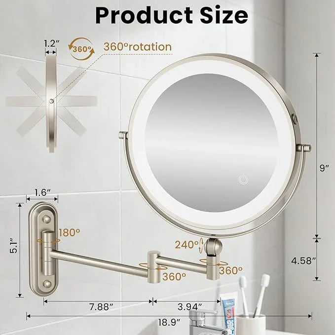 9" Wall Mounted LED Lighted Makeup Vanity Mirror - 4000mAh Rechargeable Double Sided 1X/30X Magnifying Mirror, 3 Color Lights Touch Dimmable, Height Adjustable Extended Arm 360° Swivel Bathroom Mirror - ModernBath