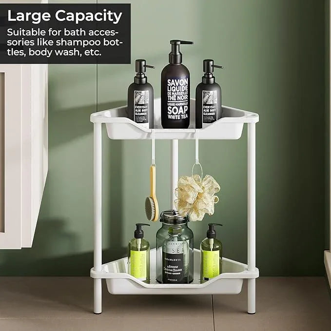 ODesign 2 Tier Floor Standing Corner Shower Caddy Organizer Plastic Metal Splicing Shelf Storage Rack for Bathroom White - Rustproof - ModernBath
