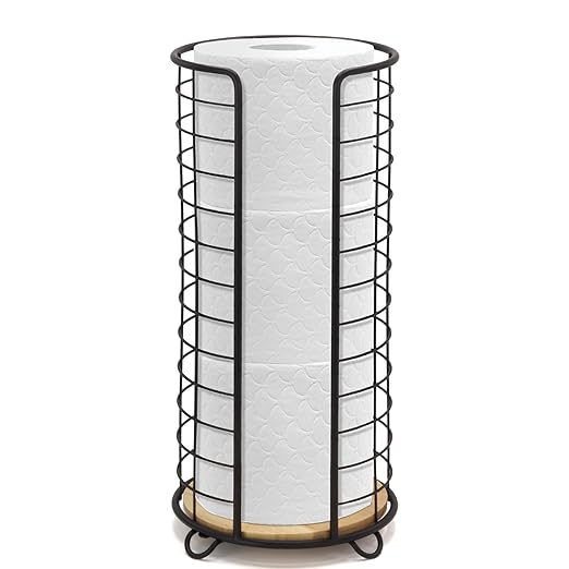 BROOKSTONE, Stylish Toilet Paper Holder with Bamboo Base, Freestanding Bathroom Tissue Organizer, Minimalistic Storage Solution, Modern Trending Design [Holds Large Rolls], Black…