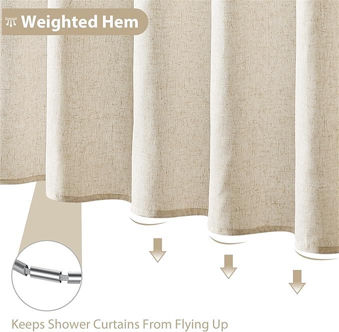 Jowels Cream Linen Shower Curtain, Boho Farmhouse Shower Curtain Set for Bathroom, 200GSM Luxury Weighted Water Resistant Fabric Textured Shower Curtains with 12 Metal Hooks, 72Wx90H - ModernBath