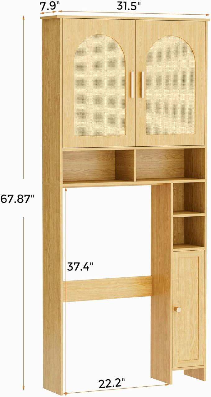 Homhedy 67" H Over The Toilet Storage Cabinet, Boho Bathroom Organizer with Rattan Decorated Doors, Adjustable Shelves, Toilet Paper Holder, Space-Saving Bathroom Shelf for Small Spaces, Natural - ModernBath