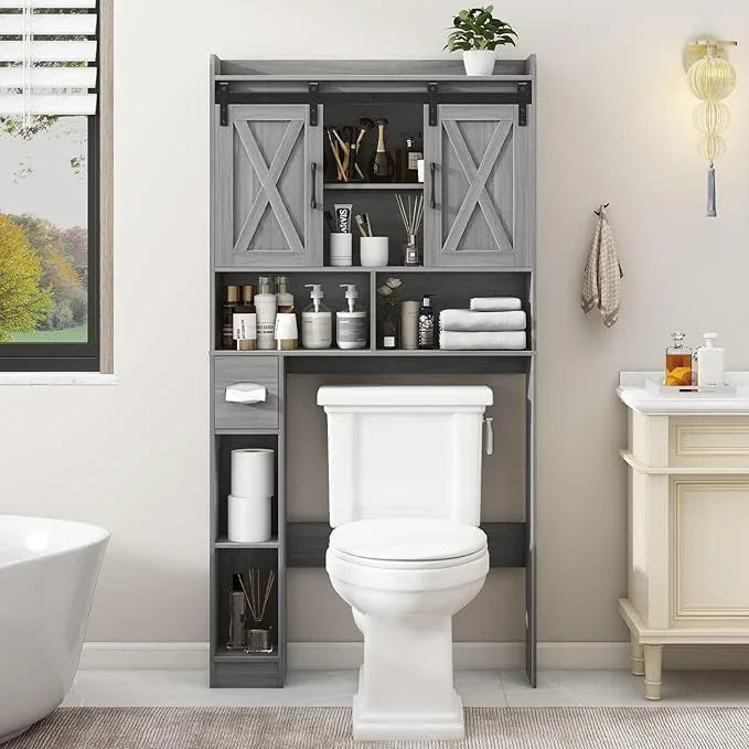 Farmhouse Over The Toilet Storage Cabinet with Sliding Door & Toilet Paper Holder Stand, Space-Saving for Bathroom & Restroom, Wash Grey - ModernBath