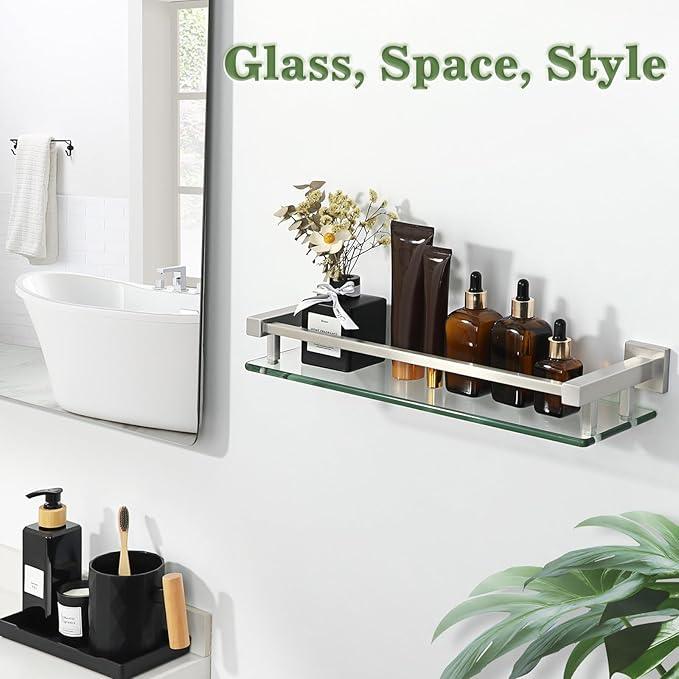 Alise Bathroom Glass Shelf with Stainless Steel Railing, Brushed Nickel Small Tempered Glass Floating Wall Shelf Over The Toilet, 16 inch - ModernBath