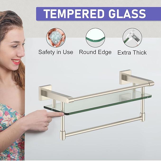 16-Inch Modern Glass Shelf with Towel Bar, 1-Shelf, Brushed Nickel Finish, Wall Mount, Bathroom Organizer - ModernBath