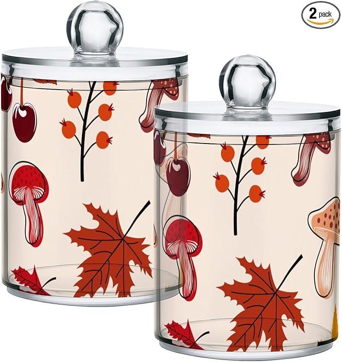 Tatenale Qtip Holder Bathroom Set Q tip Cotton Ball Swab Pad Dispenser Container Organizer Plastic Jars with Lids Storage 2Pack Fall Leaves Rowanberry and Mushroom - ModernBath