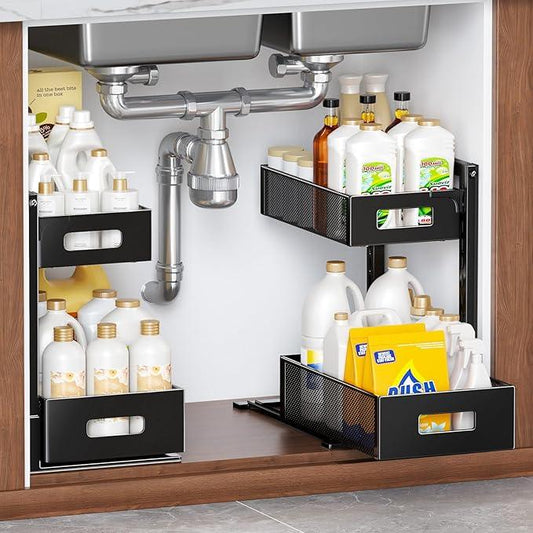 2 Pack Under Sink Organizer and Storage, Metal Under Kitchen Sink Organizer, Slide Out Bathroom Organizers and Storage, Undersink Organizers for Kitchen Bathroom Cabinet - ModernBath