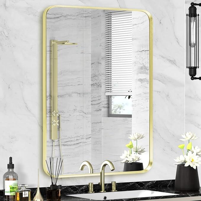 Minuover Gold Framed Bathroom Mirror, Brushed Gold Bathroom Vanity Wall Mirror, Rounded Rectangle Gold Frame Mirror, Tempered Glass, Anti-Rust, Hangs Horizontally or Vertically (22" x 30", Gold) - ModernBath