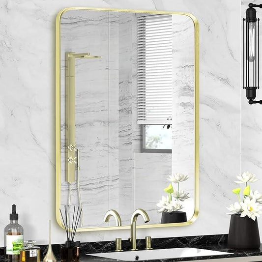 Minuover Gold Framed Bathroom Mirror, Brushed Gold Bathroom Vanity Wall Mirror, Rounded Rectangle Gold Frame Mirror, Tempered Glass, Anti-Rust, Hangs Horizontally or Vertically (22" x 30", Gold) - ModernBath