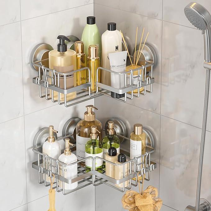 TAILI Corner-adaptive Suction Cup Shower Caddy 2 Pack, Stainless Steel Rustproof Corner Shower Shelves, Drill-Free Wall Mounted Baskets, Large Capacity, Removable Suction Cup Bathroom Organizer, Gray - ModernBath