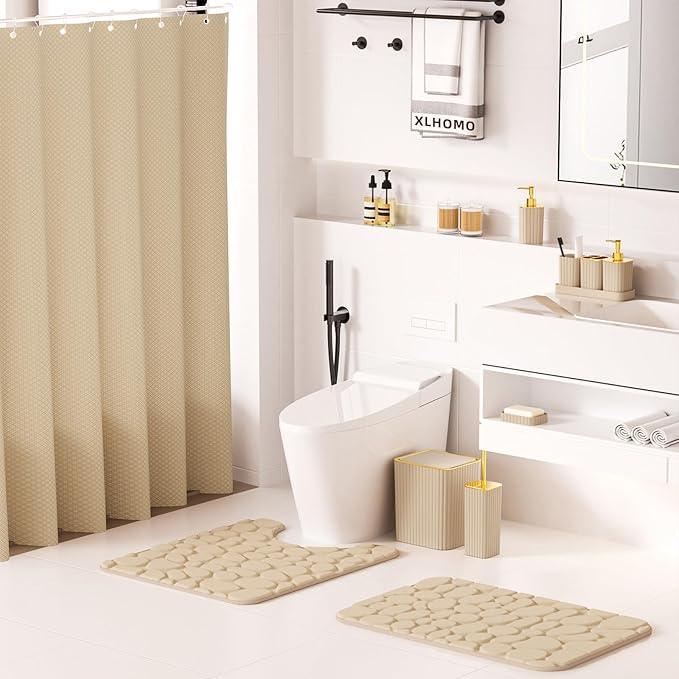 XLHOMO Bathroom Accessories Set - 25PC Bathroom Sets with Shower Curtain and Rugs, Beige Bathroom Accessories with Trash Can, Soap Dispenser, Soap Dish & Toilet Brush - ModernBath