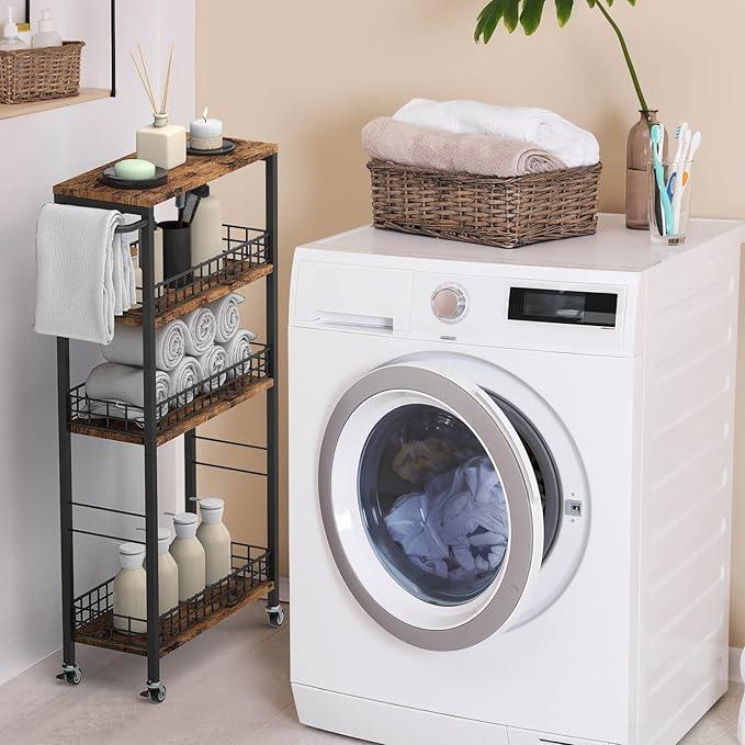 Slim Storage Cart Rolling Kitchen Cart with Wheels Narrow Laundry Storage Utility Cart 4 Tier Bathroom Mobile Shelving Unit Organizer with Wood Tabletop Trolly Cart with Handle for Small Spaces, Brown - ModernBath
