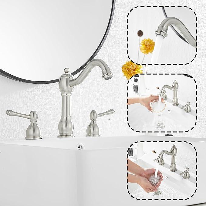 GGStudy 2 Handles 3 Holes Faucet Widespread Bathroom Sink Faucet Basin Tap Mixer Supply Hose Included Matching Pop Up Drain Brushed Nickel - ModernBath
