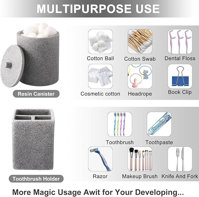 Resin 6 Pcs Gray Bathroom Set Complete with Toothbrush Holder, Lotion Soap Dispenser, 2 Qtip Holder Dispensers,Vanity Tray,Bathroom Tumbler - Countertop Vanity Organizer - Bathroom Accessories Set - ModernBath