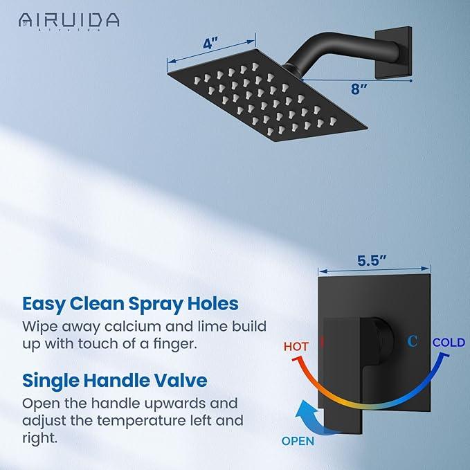 Airuida Shower Faucet Set Bathroom Rain Shower System SUS304 Stainless Steel Single Handle With Male Threads Rough-in Valve Shower Trim Kit 4 Inch Wall Mount Shower Head Matte Black - ModernBath