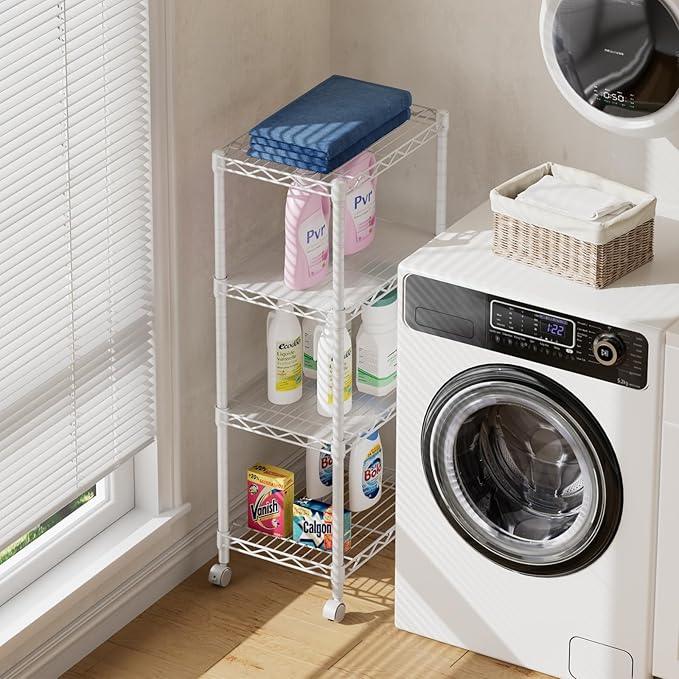 SINGAYE 4 Small Shelves Storage Shelf Wire Shelving Unit Metal Shelf Adjustable Organizers Storage Shelving with Wheels for Bathroom Laundry Room Kitchen Pantry11.5”D x 17.3”W x 44.5”H White - ModernBath