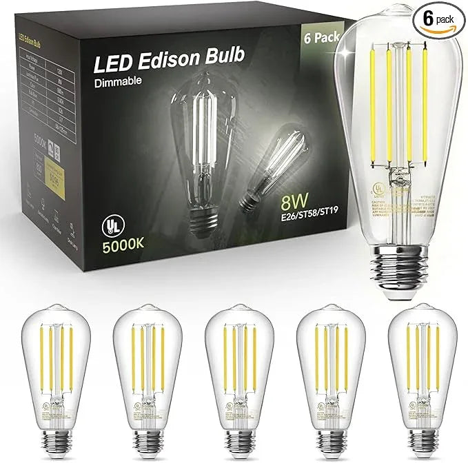 TJOY Edison Light Bulbs 60W Equivalent, Dimmable Vintage LED Light Bulbs, E26 Medium Base, 5000K Daylight, ST58, 8W, 800LM, Ultra-Bright, 80+CRI, Antique Decorative LED Filament, Clear Glass, 6 Pack - ModernBath