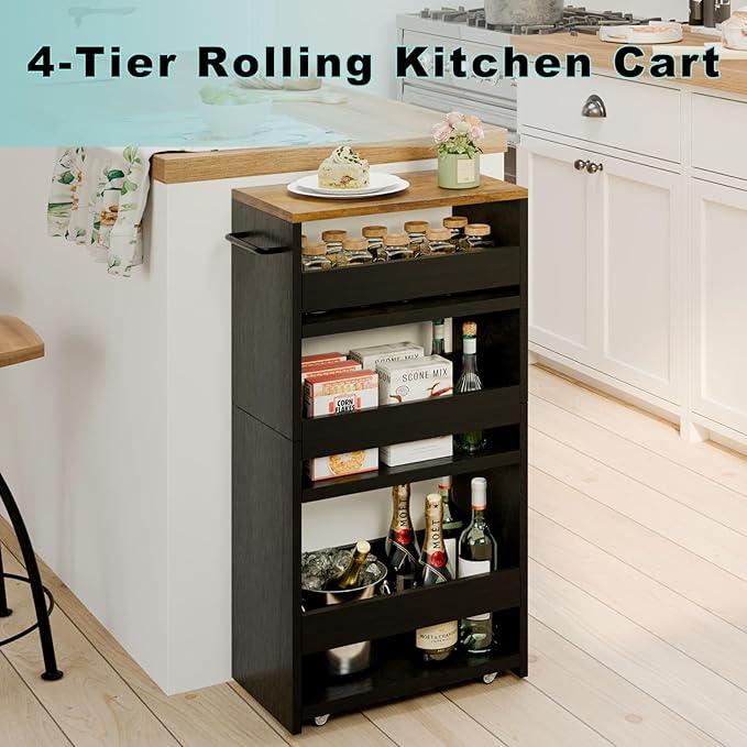MARTY Rolling Storage Cart 7.9" W, 4-Tier Kitchen Cart with Wheels Handle, Slim Storage Cart Mobile Shelving Utility Carts for Bathroom Laundry Room Organization Narrow Places (Black) - ModernBath