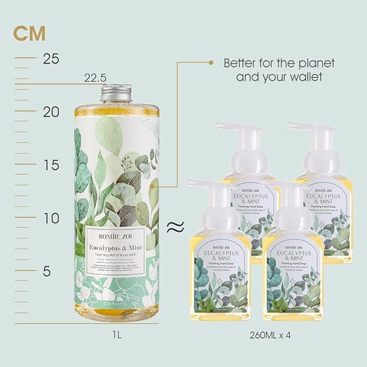 ROMIIE ZOI Eucalyptus & Mint Foaming Hand Soap Refills with Reusable Pump Dispenser - Natural & Cruelty-Free, Gentle & Moisturizing - Large Bottle Bulk for Home & Kitchen-1L/33.8oz (Pack of 3) - ModernBath