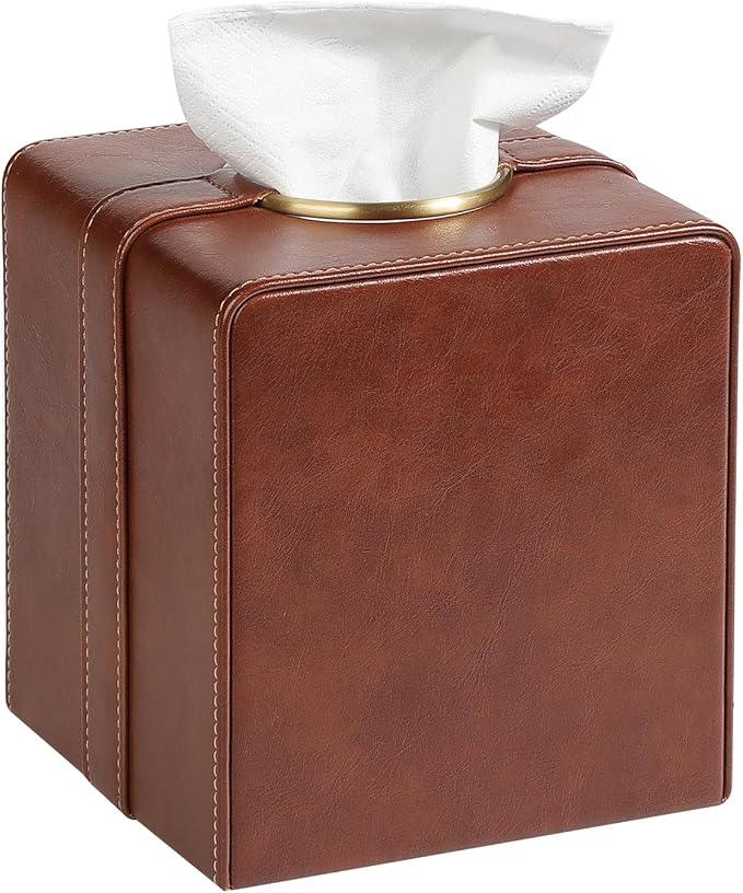 Cretkhp Luxury Square Tissue Box Cover, PU Leather Tissue Box Holder with Magnetic Closure and Gold Decorative Grommets for Bathroom Bedroom, Decorative Elegant Cube Tissue Holder (Brown) - ModernBath