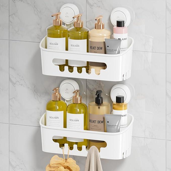 LEVERLOC Shower Caddy Suction Cup 2 Pack, Shower Organizer Removable Bathroom Shelf, Storage Suction Powerful Max Hold 22lbs Bathroom Caddy Waterproof Holder, White - ModernBath