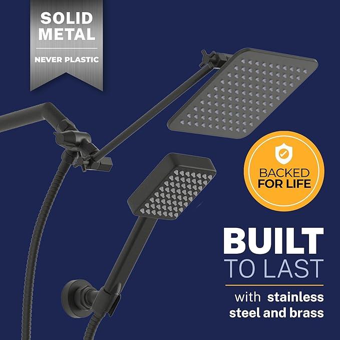 HammerHead® Solid Metal Dual Shower Head Combo — 8" Square Rain Shower Head with Handheld, 12" Adjustable Arm & Wall-Mount Holder for Flexible Installation — Matte Black - ModernBath