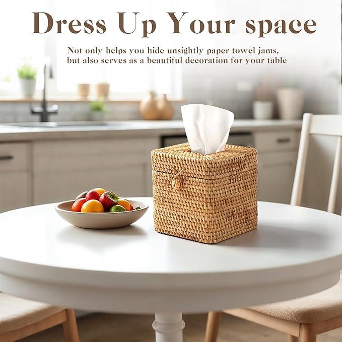 2 Pcs Rattan Tissue Box Cover 5.7" x 5.7" x 5.7"Rattan Square Tissue Box Cover Decorative Woven Facial Tissue Holder with Hinged Top Lid for Home Office Desk Living Room Bathroom Dec - ModernBath
