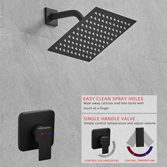 Heable Shower Faucet Set Matte Black, Bathroom Rainfall Shower System with Stainless Steel Shower Head Rain Shower Set, Single Function Shower Trim Kit with Rough-in Valve - ModernBath