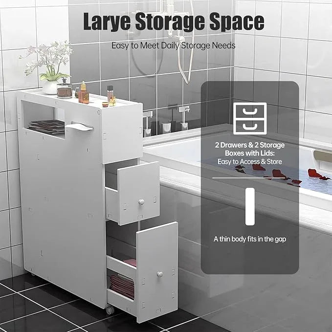 Slim Bathroom Storage Cabinet with Toilet Paper Holder, Small Narrow Floor Cabinet with Drawers & Lockable Wheels, Modern White Bathroom Cabinet Organizer for Tissues, Towels, Toiletries - ModernBath