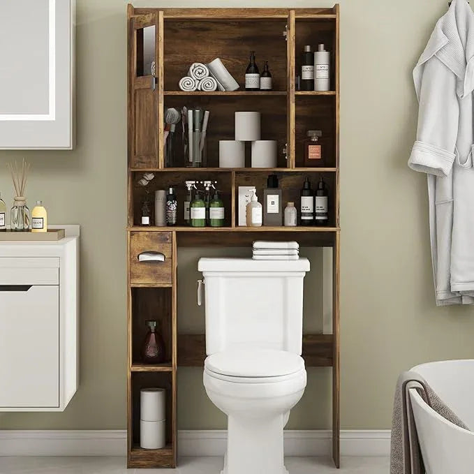 Vabches Over The Toilet Storage Cabinet, Bathroom Shelf Over Toilet with Glass Doors and Adjustable Shelves, Brown Freestanding Home Space Save Toilet Rack, for Restroom, Bathroom, Laundry - ModernBath