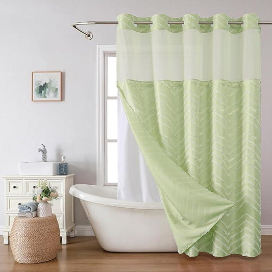 Extra Long No Hook Boho Shower Curtain with Snap-in Fabric Liner Set,71x86,White Woven Fabric Tufted Chevron Striped Design,Modern Chic Minimalist Bathroom Curtain,71x86,Sage Green - ModernBath