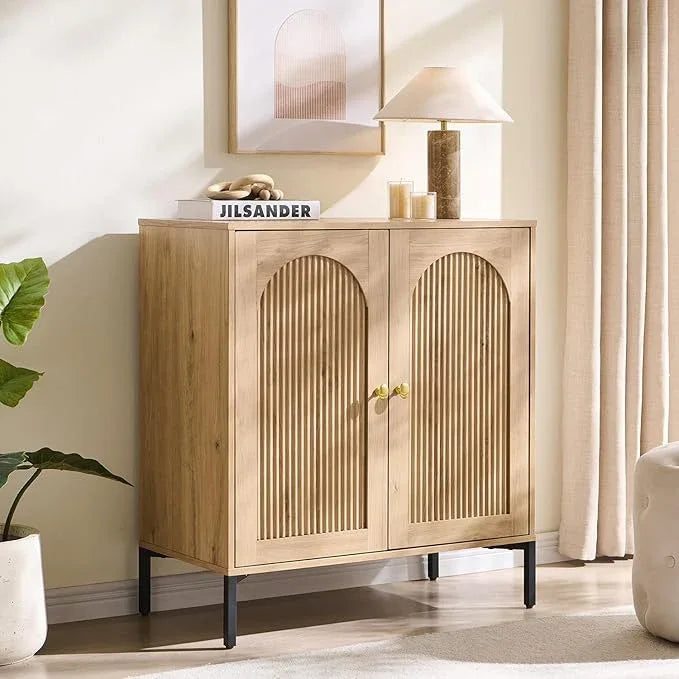 Bathroom Cabinet with Storage, 34" Tall Fluted Arched Free Standing Floor Cabinet w/Adjustable Shelves, Modern Sideboard Cabinet for Bathroom, Kitchen, Living Room, Entryway, Natural - ModernBath