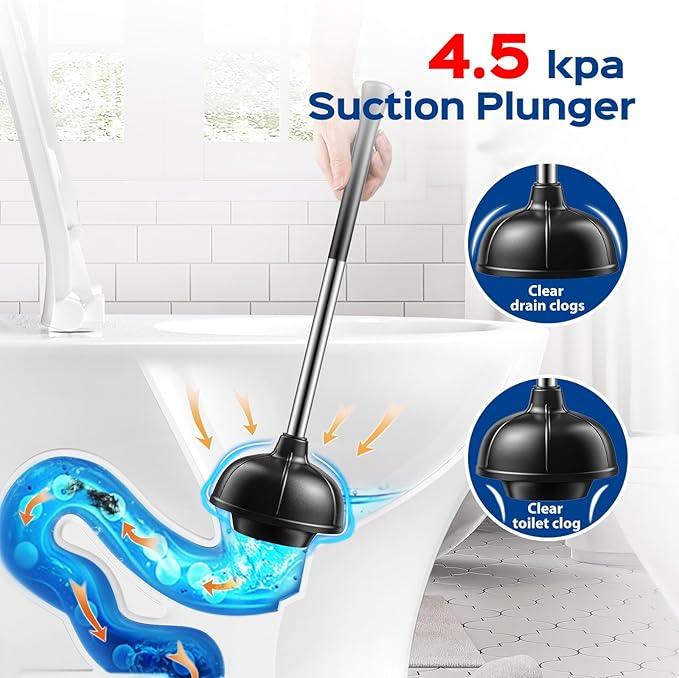 HAMITOR Toilet Plunger and Brush Set: 2 in 1 Stainless Steel Bowl Brush with Holder, Deep-Cleaning Curved Bristles and Heavy Duty Unclogger, Compact Design for Household & Hotel, Silver, 2-Pack - ModernBath