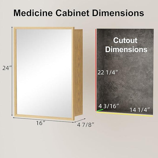 16x24 Inch Wood Medicine Cabinet with Mirror, Surface or Recessed Mounted Bathroom Cabinets with Adjustable Shelves, Soft-Close Hinges, Wall Mounted Cabinet for Storage, Oak-Grain - ModernBath
