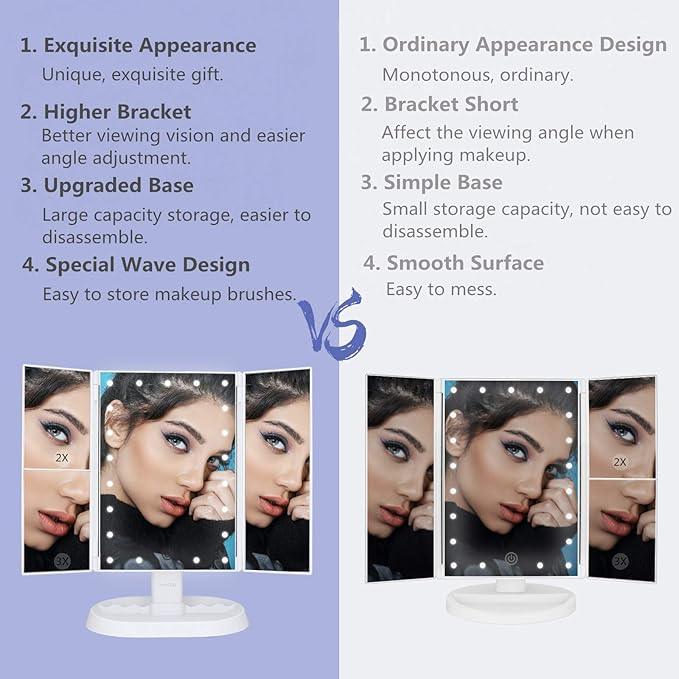 deweisn Trifold Lighted Vanity Makeup Mirror with 21 LEDs Lights,1x/2x/3x Magnification and Touch Screen Dimming,Two Power Supplies Makeup Mirror, Gift for Women - ModernBath