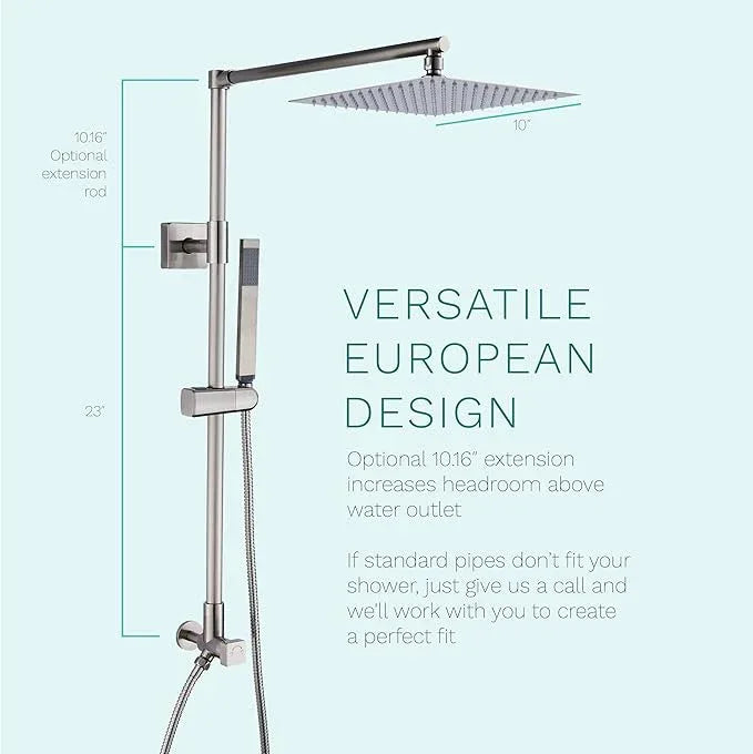 Fennocasa Polaris Lux Rain Shower System, includes 10” Square Rainfall Shower Head and Handheld Shower Combo, Height Adjustable Spray Holder, Retrofit, 60” Hose (2.5 GPM Brushed Nickel) - ModernBath