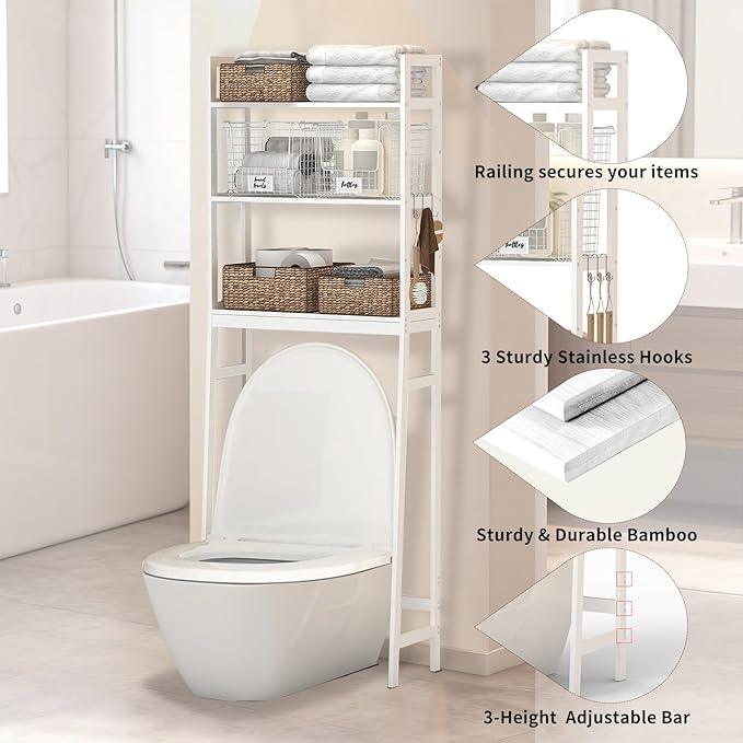 BAMBANG Over The Toilet Storage Rack, 3-Tier Over The Toilet Storage Shelf with 3 Hooks, Freestanding Above Toilet Bathroom Organizer Shelves for Space Saver Storage, Bamboo White - ModernBath