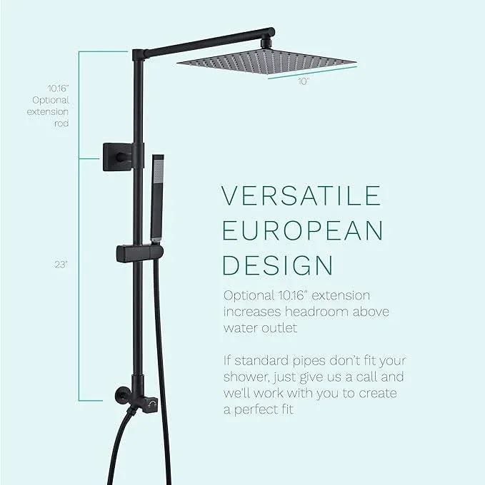Fennocasa Polaris Lux Rain Shower System, includes 10” Square Rainfall Shower Head and Handheld Shower Combo, Height Adjustable Spray Holder, Retrofit, 60” Hose (2.5 GPM Matte Black) - ModernBath