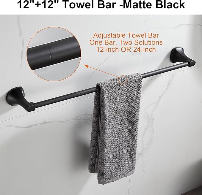 BGL Bathroom Hardware Set Matte Black Adjustable Expandable Towel Bar 4-Piece Bathroom Accessory Set Wall Mounted Robe Hook Toilet Paper Holder Towel Ring Towel Bar - ModernBath