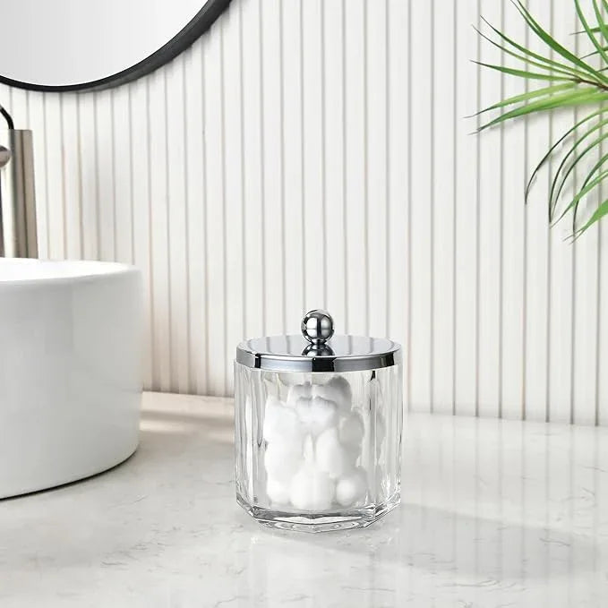Indecor Home Clear Transparent Apothecary Octagional Shaped Glass Canister Jar With Silver/Chrome Metal Lid Cover for Bathroom Organization, Cotton Balls, Q Tips, and Small Accessories, Bath Storage - ModernBath