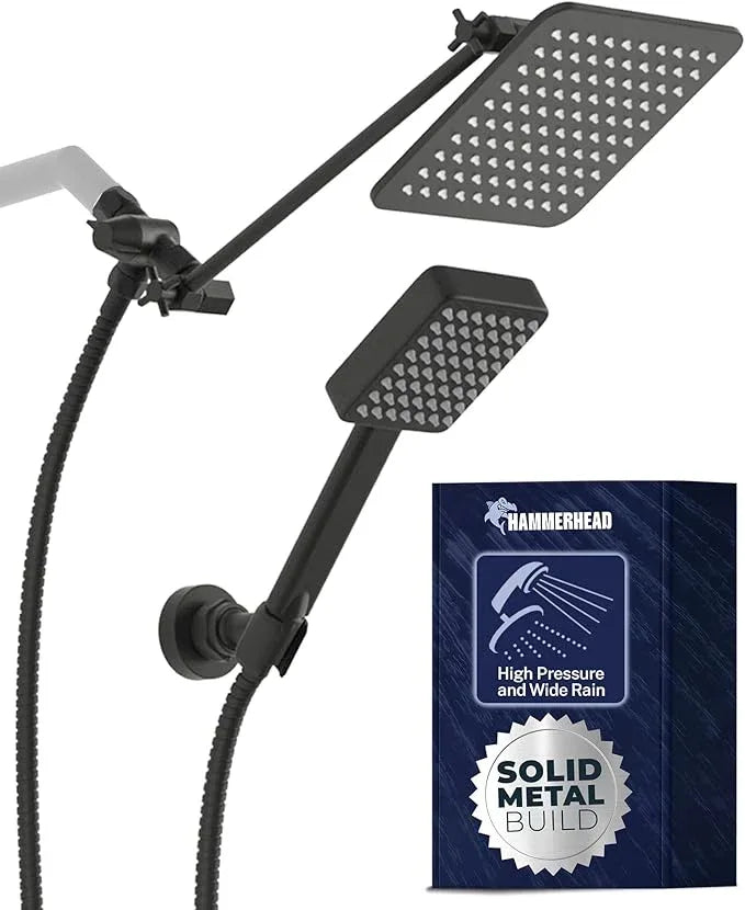 HammerHead® Solid Metal Dual Shower Head Combo — 8" Square Rain Shower Head with Handheld, 12" Adjustable Arm & Wall-Mount Holder for Flexible Installation — Matte Black - ModernBath