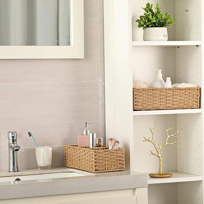 Vagusicc 3-Section Wicker Baskets for Shelves, Hand-Woven Round Paper Rope Wicker Storage Basket, Toilet Paper Basket for Toilet Tank Top, Baskets for Organizing, 2-Pack - ModernBath