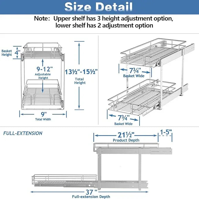 2 Tier Individual Pull Out Cabinet Organizer 9" W x 21½" D, Heavy Duty Cabinet Pull Out Shelves, Slide Out Drawers Organization for Kitchen Cabinets Bathroom - ModernBath