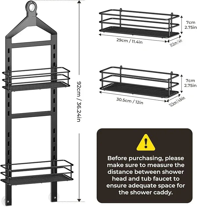 Orimade Adjustable Anti-slip Shower Caddy over Head, Rustproof Bathroom Hanging Shower Organizer with 2 Hooks for Razor, No Drilling Shower Shelves Storage Rack 2 Tier, Black - ModernBath