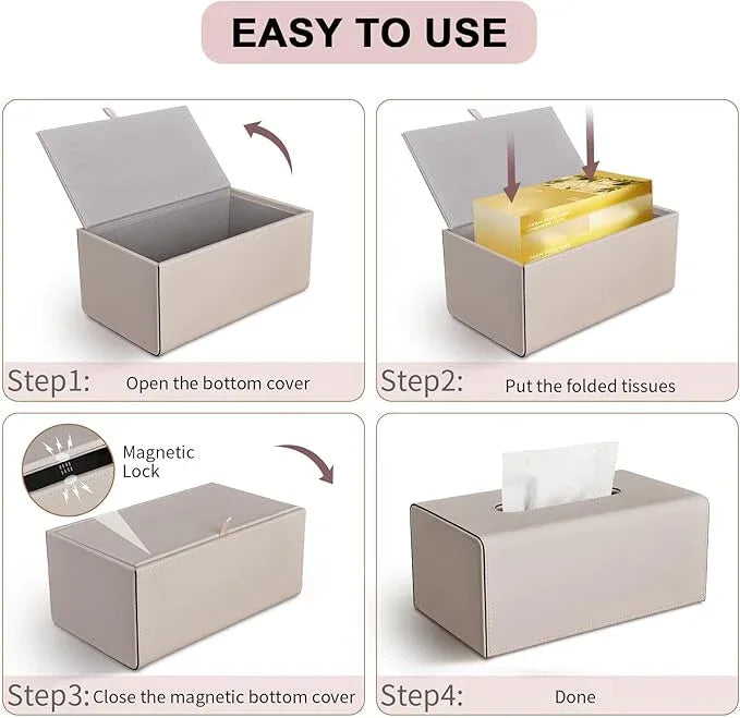 Tissue Box Cover, PU Leather Rectangular Tissue Box Holder with Magnetic Bottom Cover for Facial Tissues/Napkins, Office & Living Room Decor Box for Standard 120-count (3-Ply) 160-count (2-Ply) Beige - ModernBath