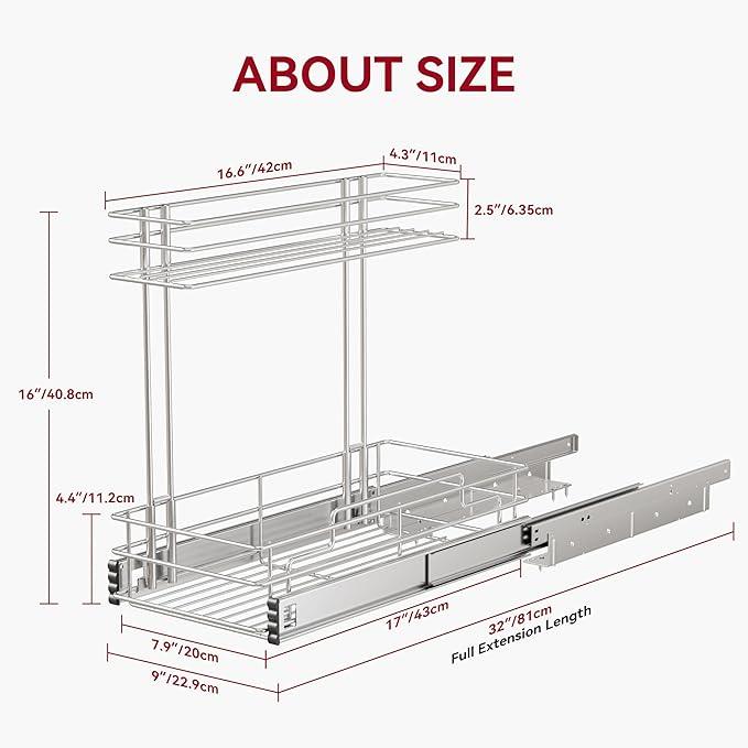 Under Sink Organizer 9" W X17 D, Pull Out Cabinet Organizer 2 Tier, Under Sink Slide Out Chrome Plated, Under Kitchen Bathroom Organizer, Pantry Cabinet Closet Organization Rack, 1 Pack - ModernBath