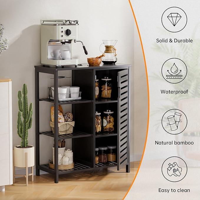 HITNET Black Bathroom Cabinet, Freestanding Storage Cabinet Bamboo Kitchen Floor Cupboard with Door and Shelf, Space Saving Side Storage Organizer for Living Room Bedroom Home Office - ModernBath