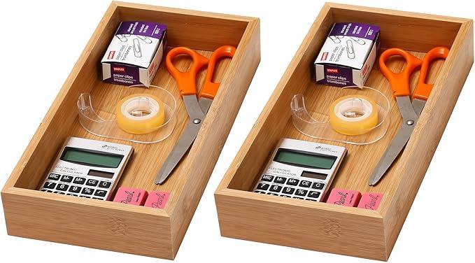 YBM Home Bamboo Drawer Organizer Storage Box for Kitchen Drawer, Junk Drawer, Office, Bedroom, Children Room, Craft, Sewing, and Bathroom, 2 Pack 6x12x2 inch - ModernBath