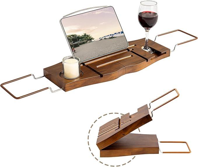 Teak Bathtub Tray Expandable Bathroom Tray for Home Spa Relaxation, Wooden Tray Caddy for Bathtub, Teak Bathtub Caddy as Unique Housewarming, Birthday, Wedding Shower Gifts. Light Walnut - ModernBath
